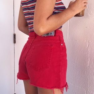 Red high waisted denim shorts